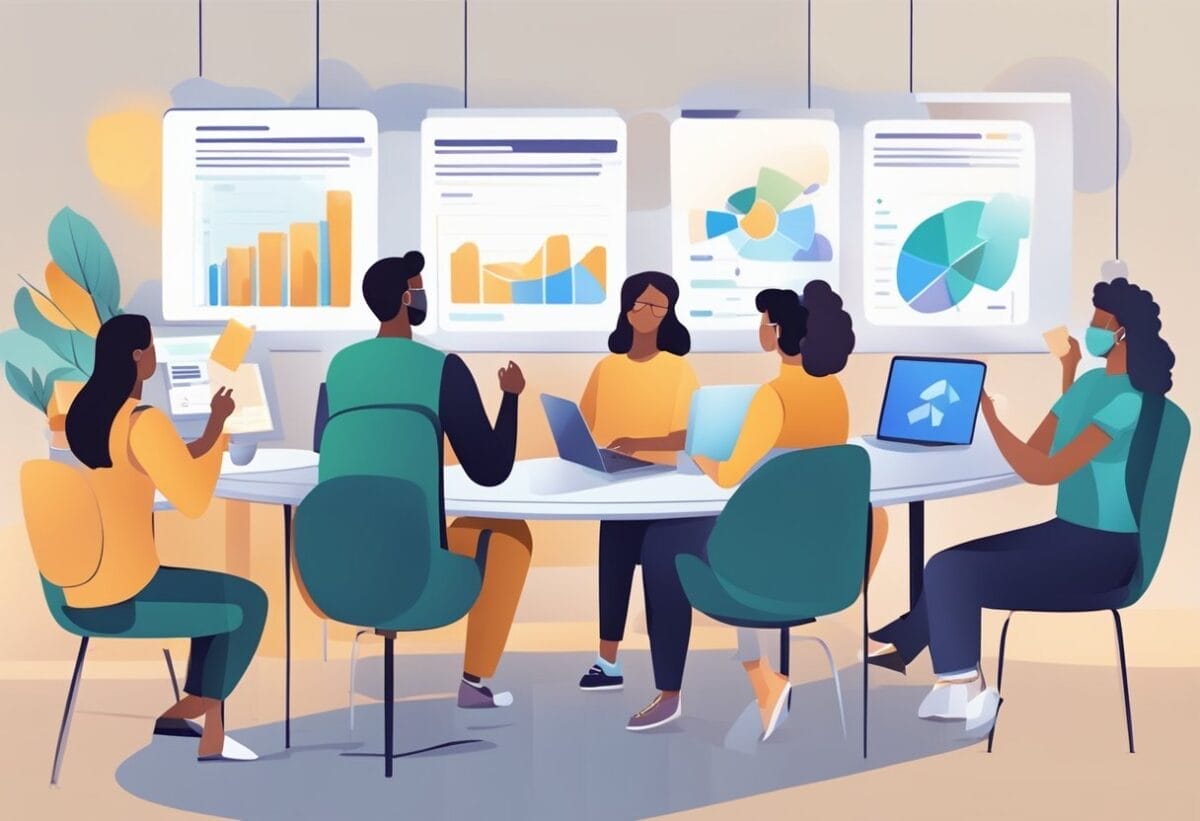 A group of virtual meeting participants engage in post-meeting activities, such as sharing ideas and feedback, through online platforms