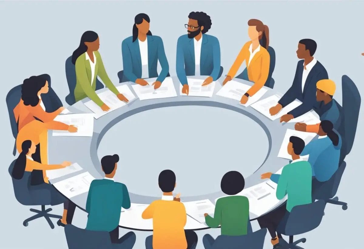 Team members stand in a circle, each taking turns to report progress, challenges, and plans for the day. The leader facilitates the discussion, keeping it focused and time-bound