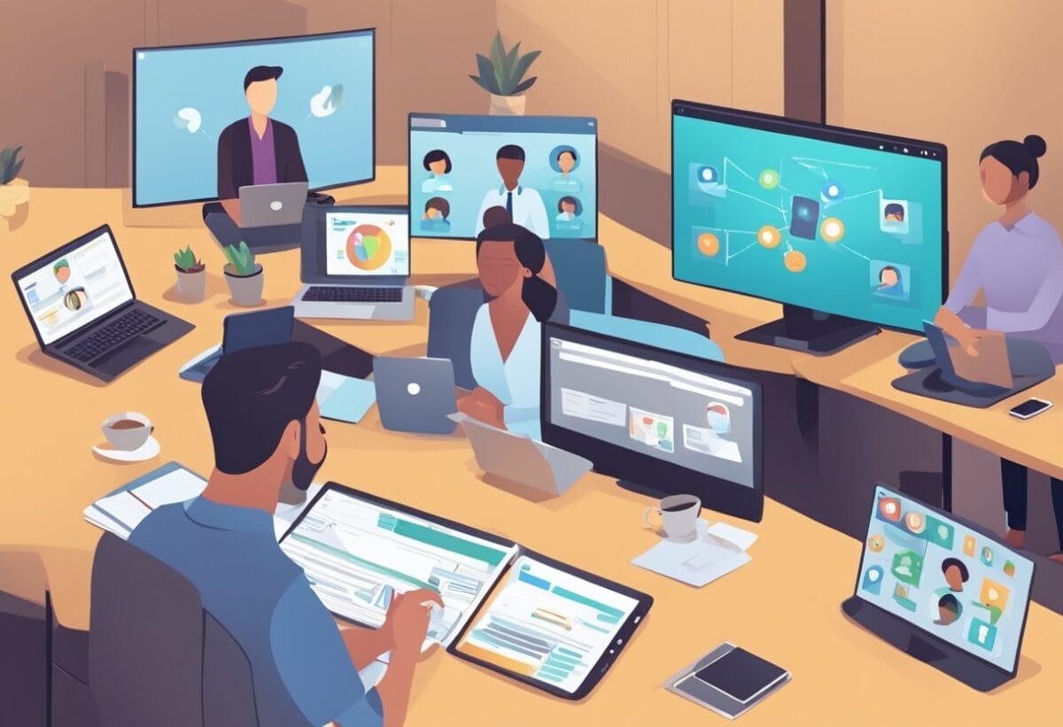 A virtual meeting with participants engaging through various online platforms. Visual cues and interactive tools are utilized to encourage active participation