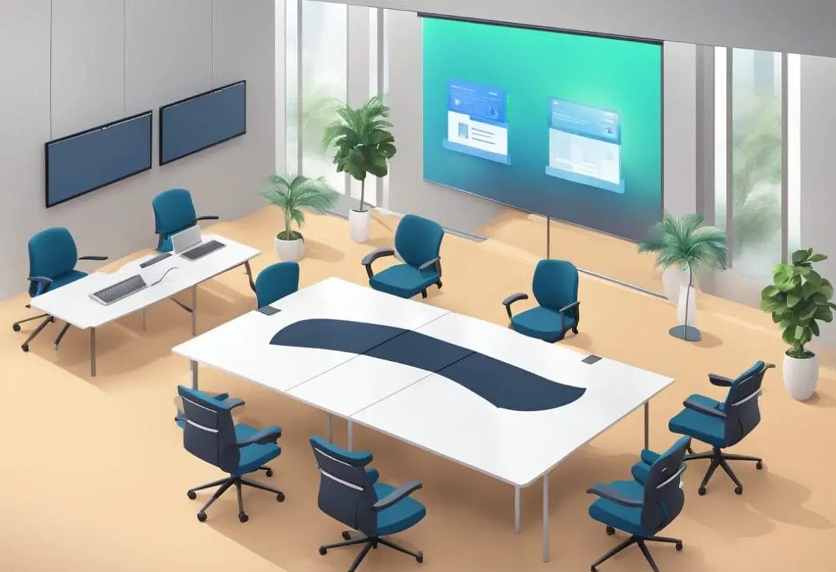 A virtual meeting room with interactive tools, screens, and a welcoming atmosphere