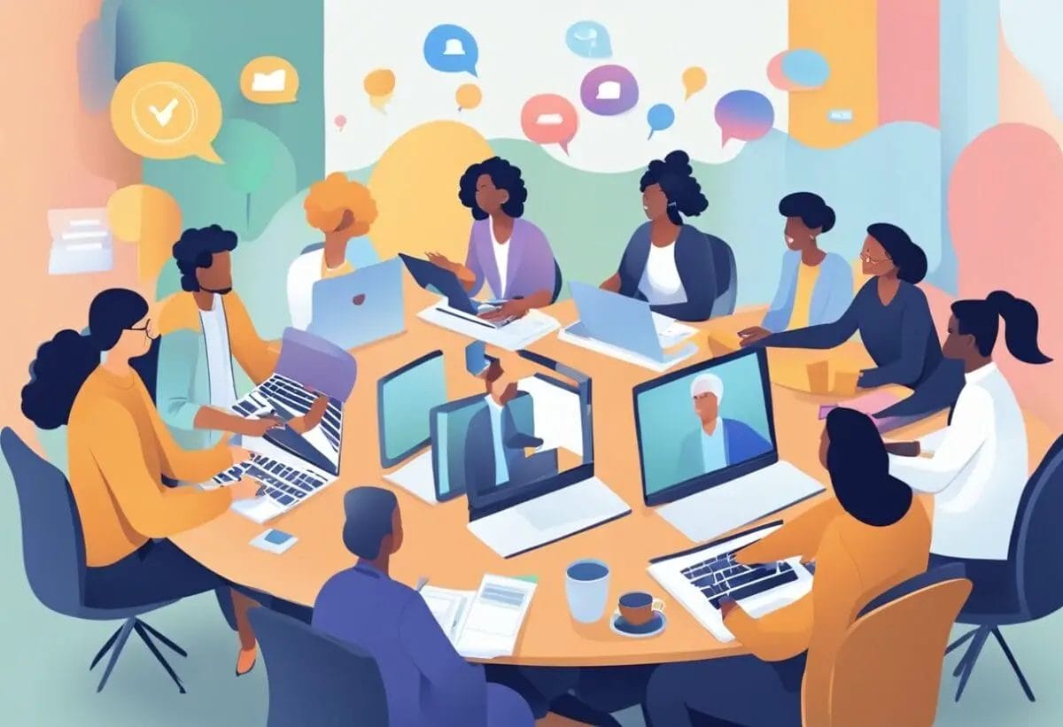 A virtual meeting with multiple participants engaging in lively discussions, sharing ideas, and actively participating in the online conversation