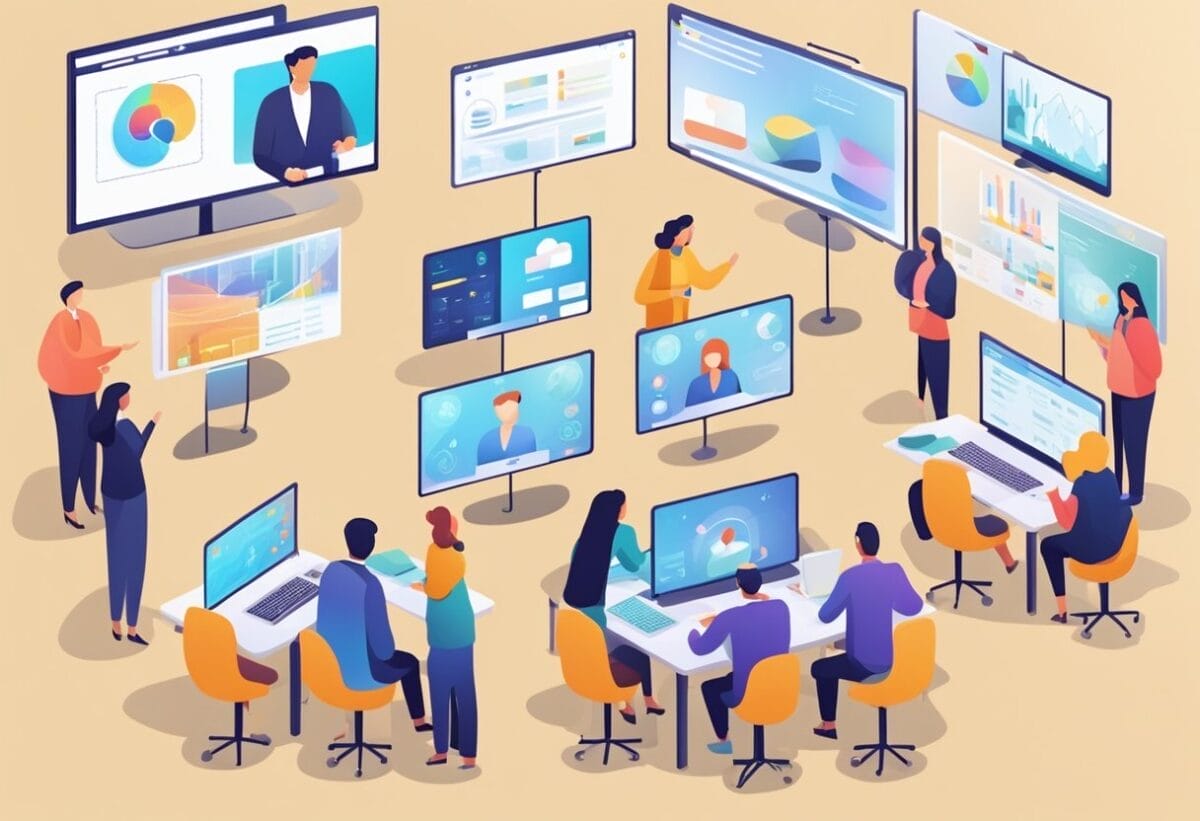 A virtual meeting with interactive tools and engaged participants. Screens display collaborative work and active discussions