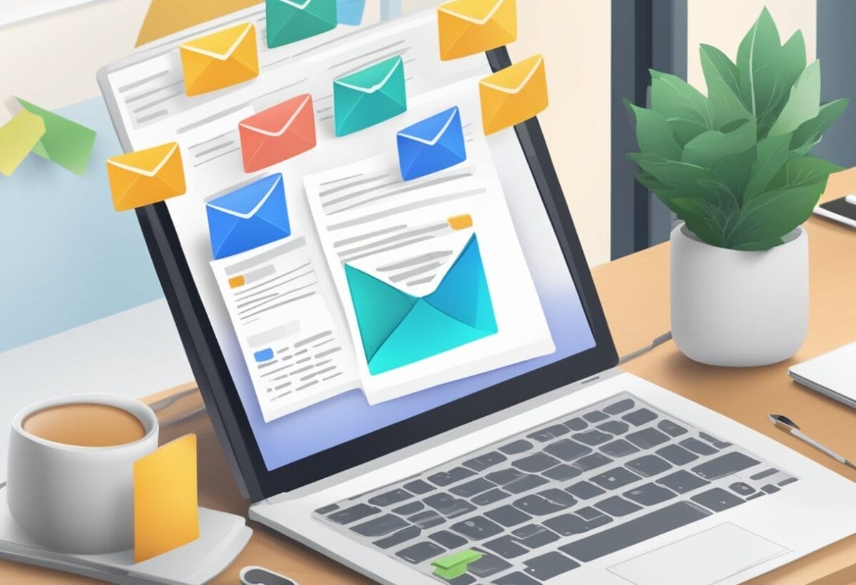 A computer screen displaying a follow-up email template with a step-by-step guide on writing online meeting follow-up emails