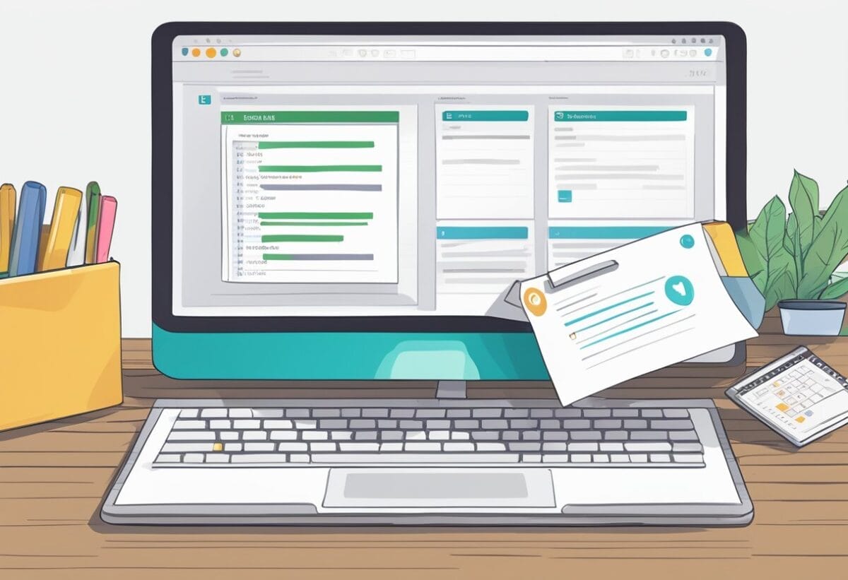 A computer screen with an open email draft, a calendar showing the date of the online meeting, and a notepad with bullet points for the follow-up email