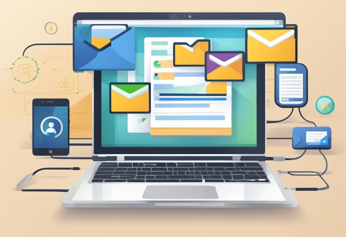 A laptop displaying an email draft with a subject line "Online Meeting Follow-up Email" and a smartphone with communication apps open in the background