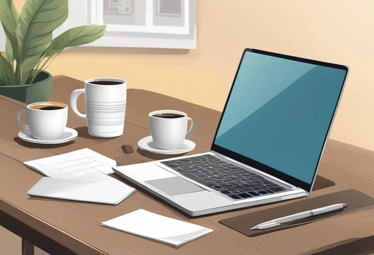 A laptop open on a desk with a blank email template displayed, surrounded by a notepad, pen, and a cup of coffee