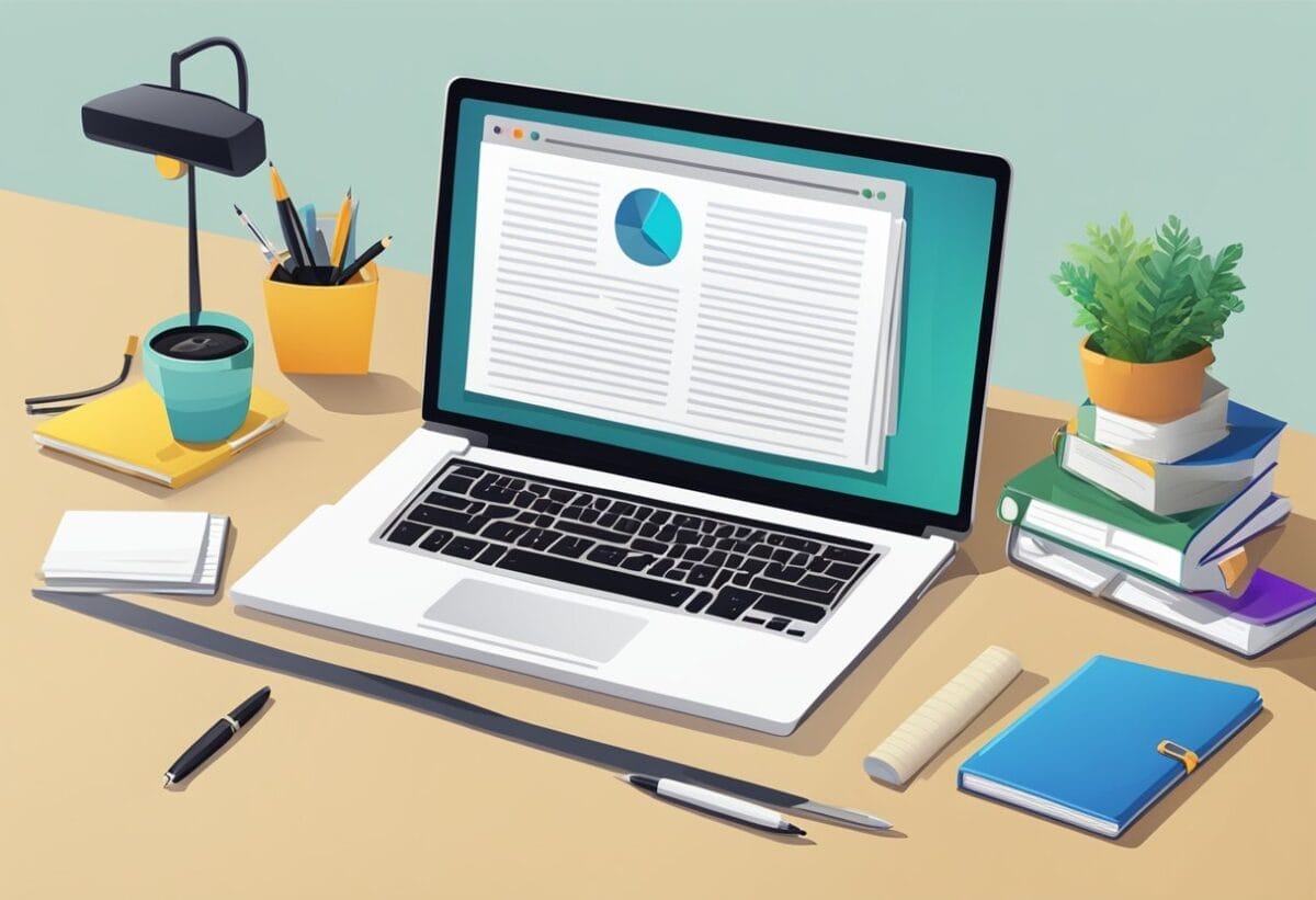 A laptop with an open email template on the screen, a pen, and a notebook on a desk