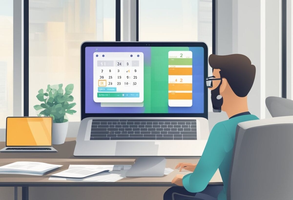 A calendar with a highlighted date, a computer screen showing an online meeting platform, and an email draft with the subject line "Setting a Date For The Next Engagement"