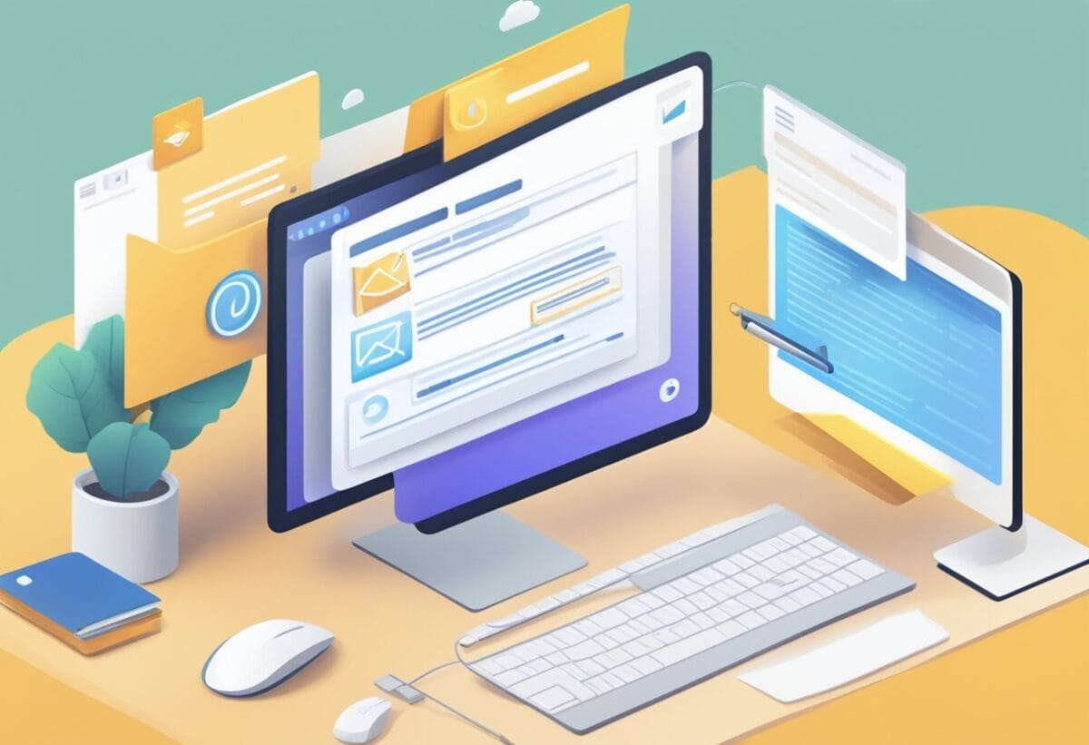 A computer screen displaying a follow-up email template with highlighted follow-up tasks and next steps. A mouse cursor hovers over the "send" button