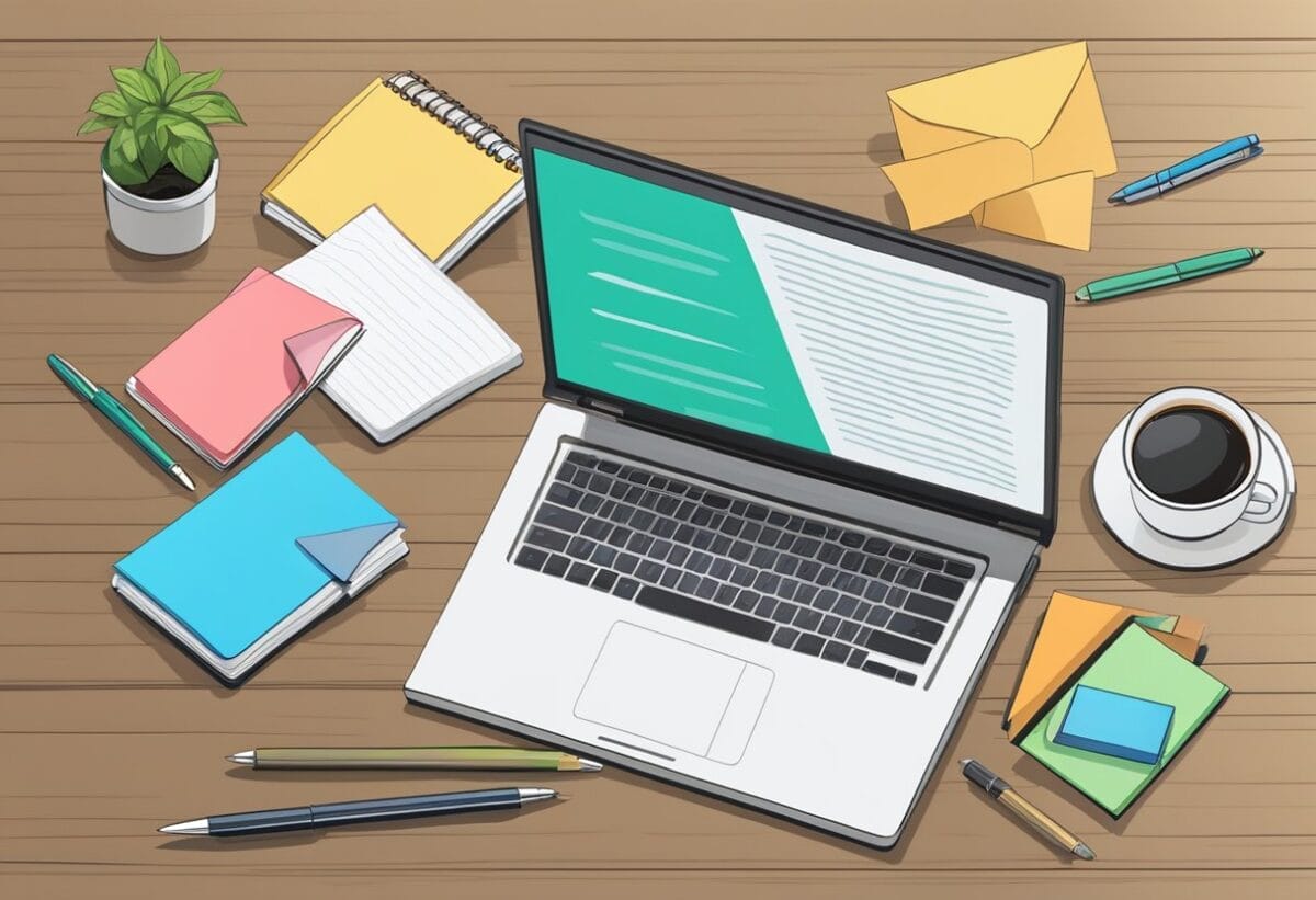 An open laptop on a desk with a blank email template displayed. A pen and notebook sit nearby, ready for note-taking