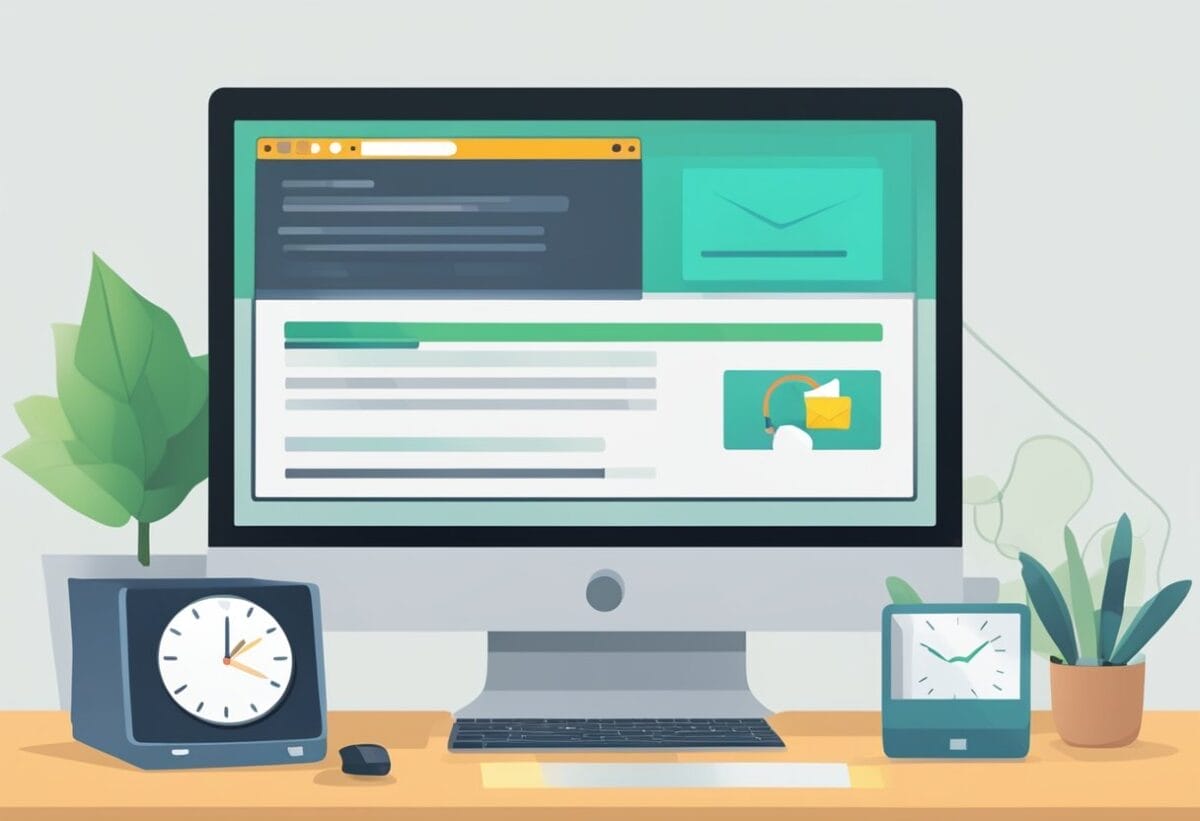 A computer screen displaying an email with a professional salutation and sign-off. A digital clock in the background indicates the time