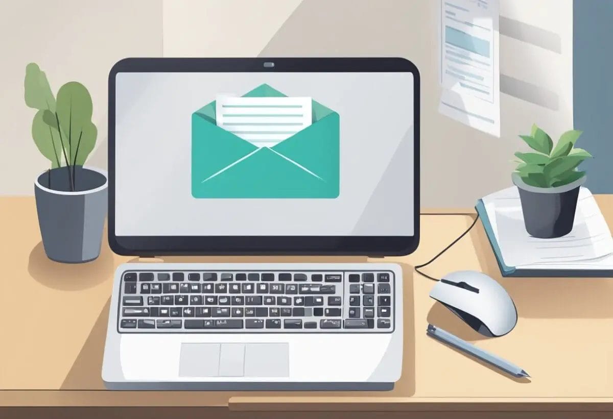 An email with "Email Etiquette: Subject Lines and Content Email Etiquette Best Practices" as the subject line. A computer screen with an open email and a neatly organized desk with a keyboard and mouse