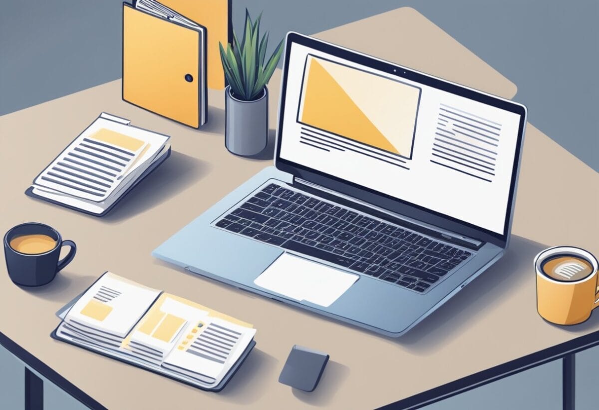 A laptop open on a desk with an email draft displayed. The screen shows a polite and professional tone with clear and concise language