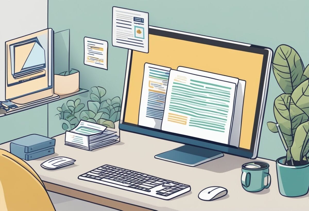 A computer screen displaying a list of frequently asked questions on email etiquette, with a keyboard and mouse nearby for reference