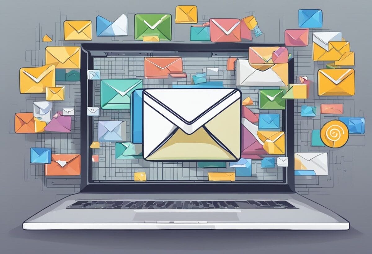 A computer screen displaying an email inbox with various messages. A lock icon symbolizing privacy is prominently displayed