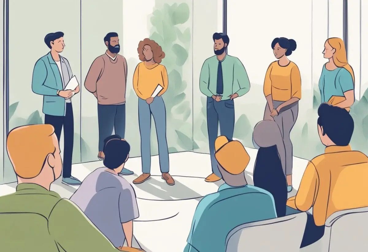 A group of people gathered in a circle, each holding a template for a stand-up meeting. One person is leading the discussion while others listen attentively