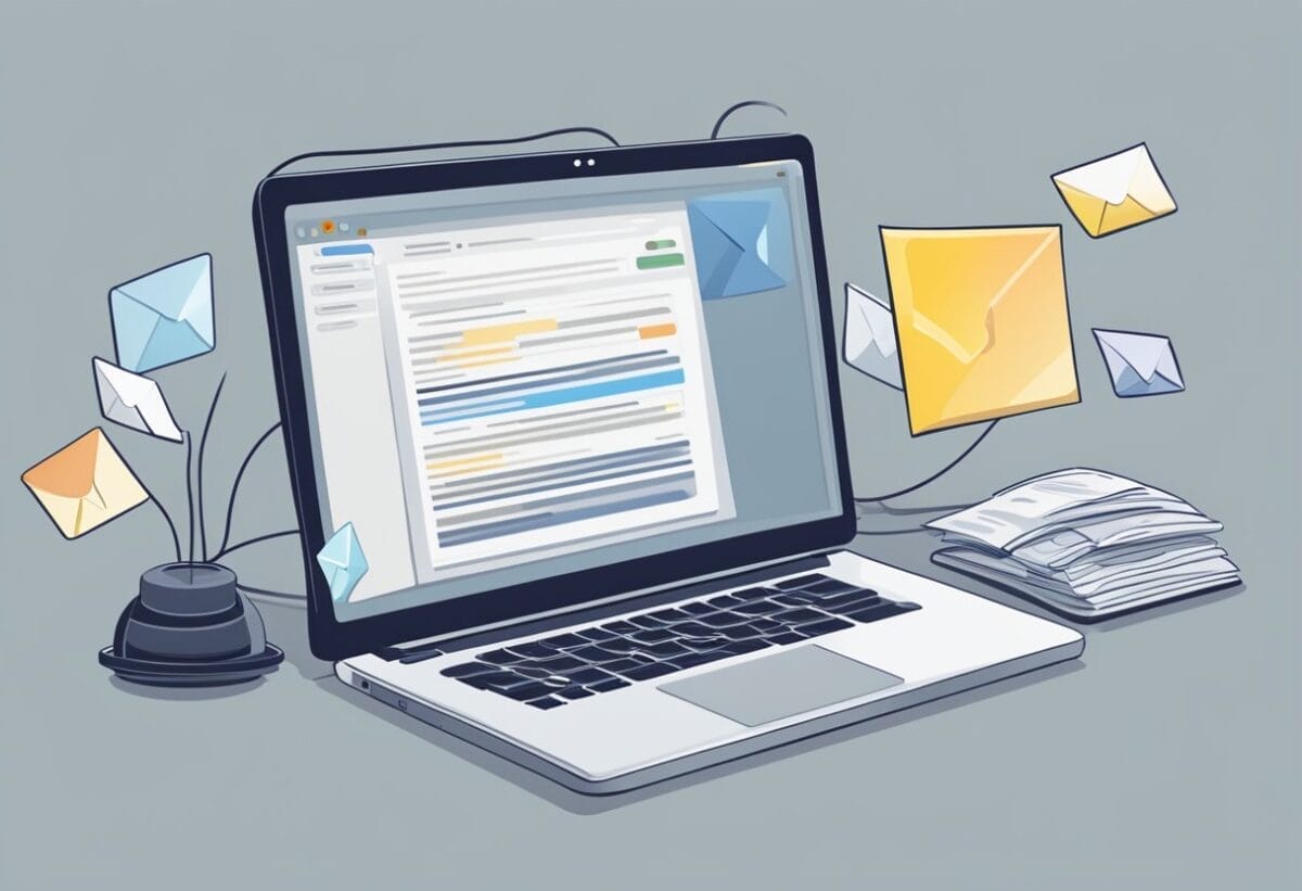 A computer screen displaying an open email inbox with unread messages, a clock in the background indicating the passage of time