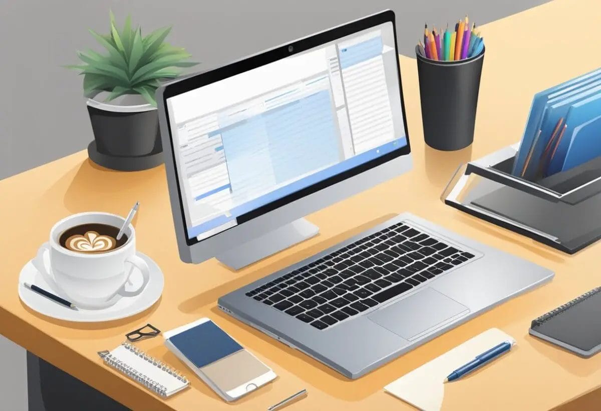 A desk with a computer, a cup of coffee, and a notepad with a pen. An open email inbox on the computer screen