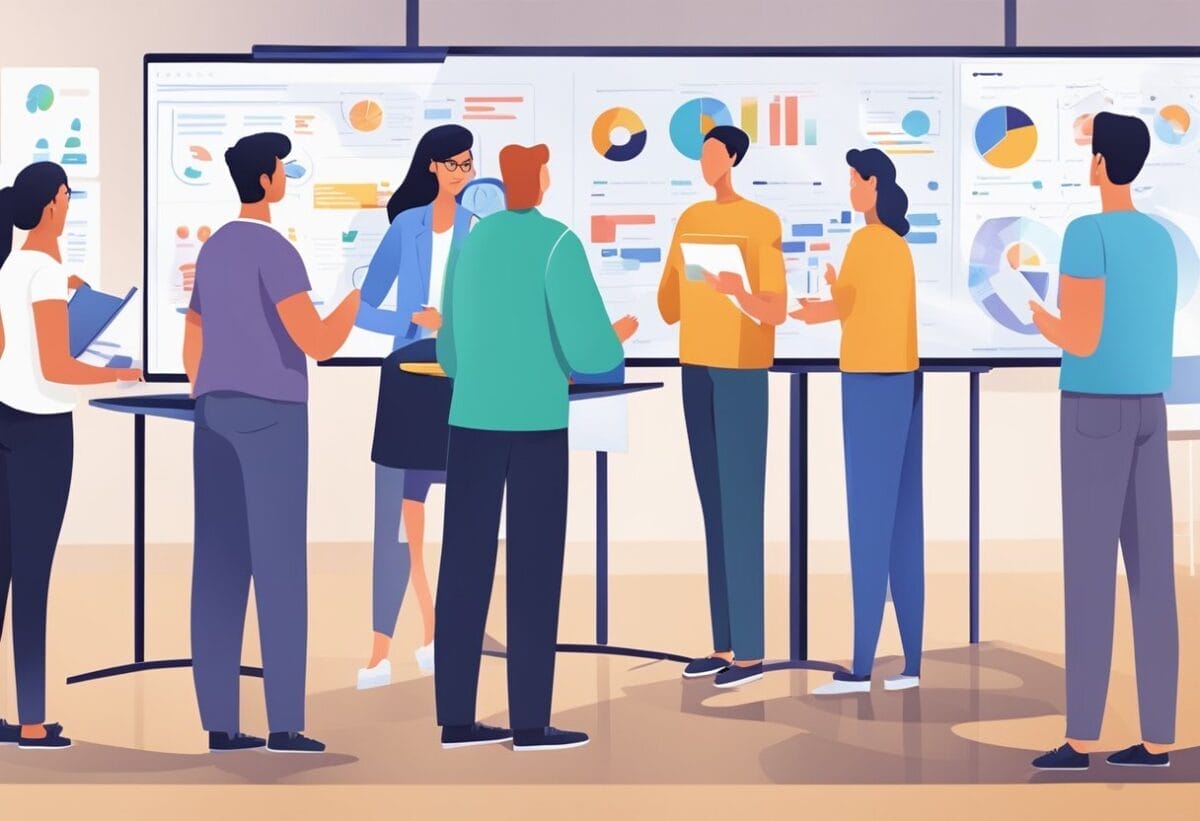 Team members updating tasks on digital boards after stand-up meeting