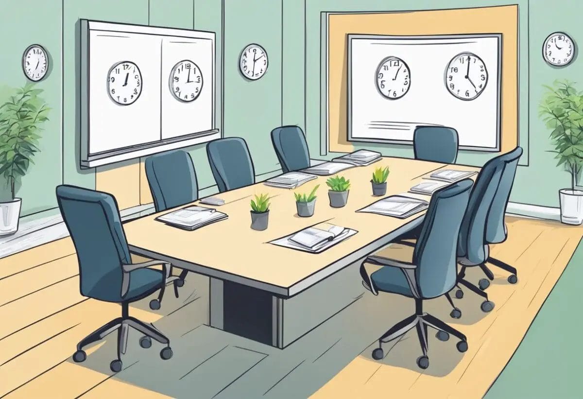 A table with chairs arranged in a circle, a whiteboard with bullet points, and a clock on the wall showing the time for an effective team catch-up meeting
