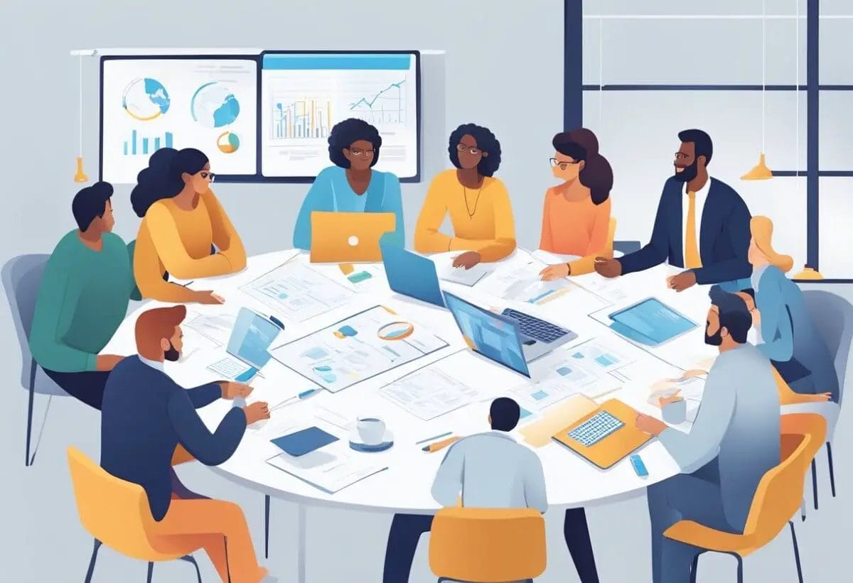 A team of diverse professionals gather around a table, engaged in lively discussion, sharing ideas, and collaborating on projects. A whiteboard displays key points and action items, while everyone participates actively, contributing to the success of the meeting