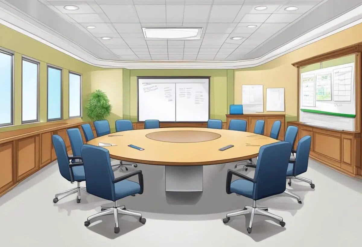 A conference room with a circular table surrounded by chairs. A whiteboard on the wall with a list of agenda items. A clock on the wall showing the time