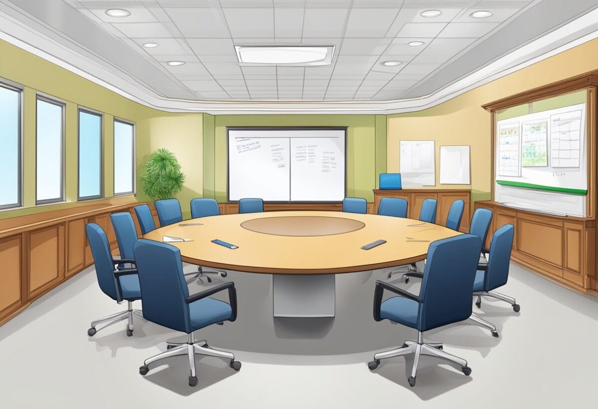 A conference room with a circular table surrounded by chairs. A whiteboard on the wall with a list of agenda items. A clock on the wall showing the time