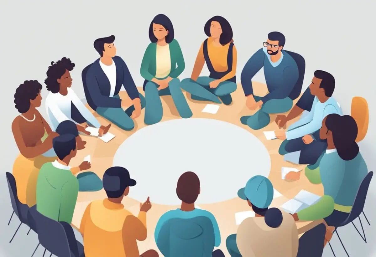 Team members gather in a circle, each speaking briefly about their progress, plans, and any obstacles. The atmosphere is focused and collaborative, with everyone engaged and contributing