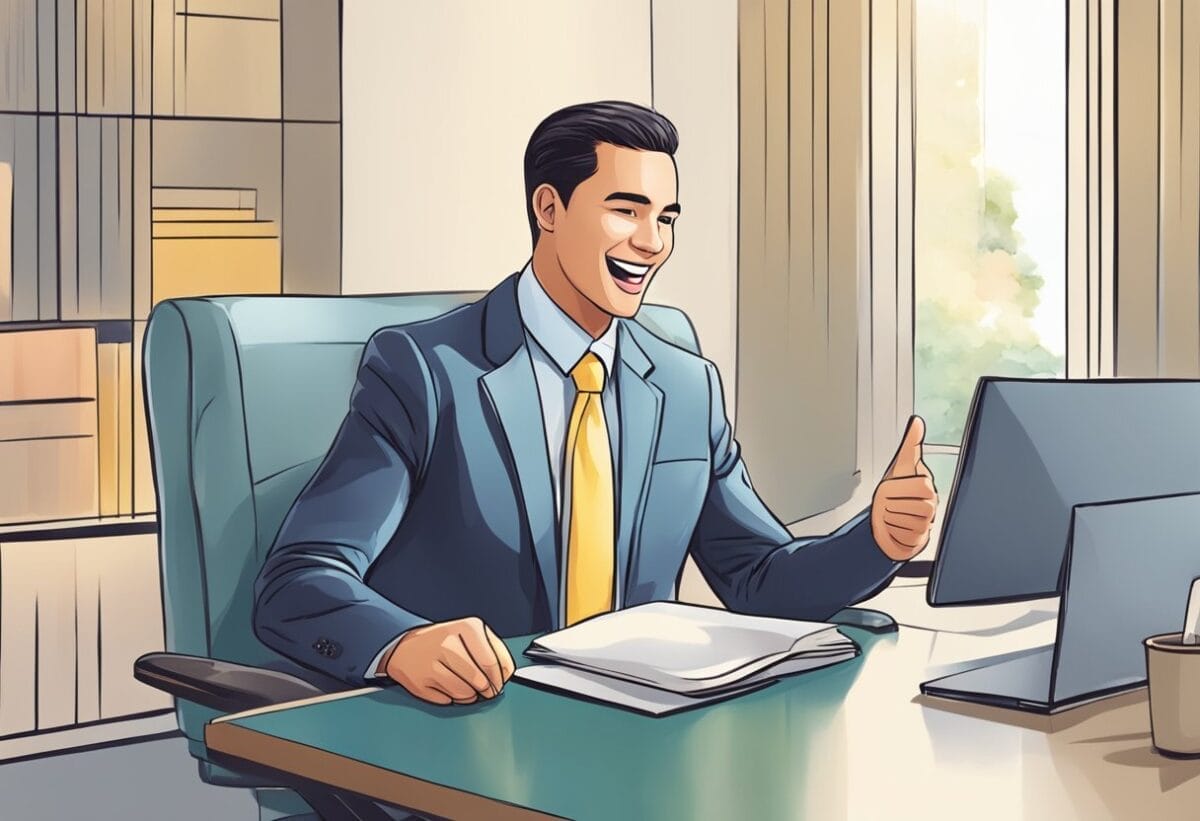 A person sitting in an interview, expressing enthusiasm for the position