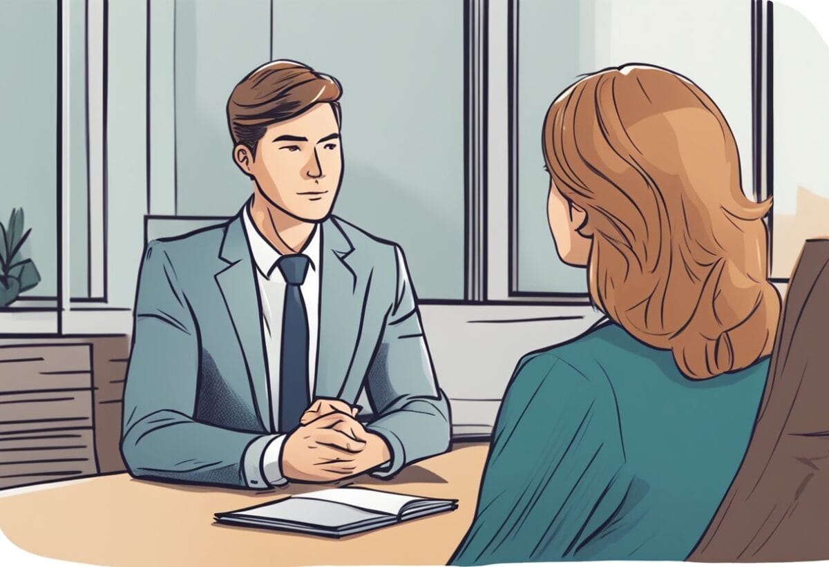 A person sitting across from an interviewer, confidently discussing their strengths while subtly acknowledging their weaknesses