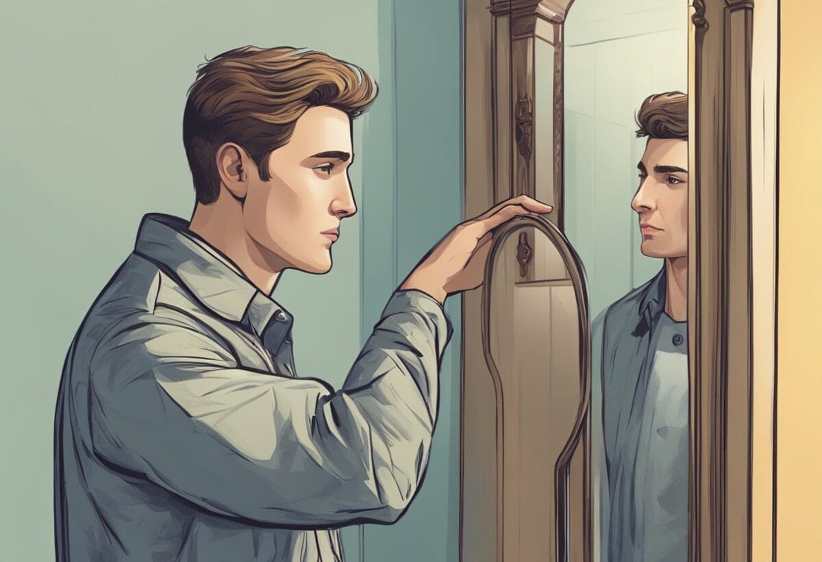 A person standing in front of a mirror, pointing to their reflection and looking contemplative