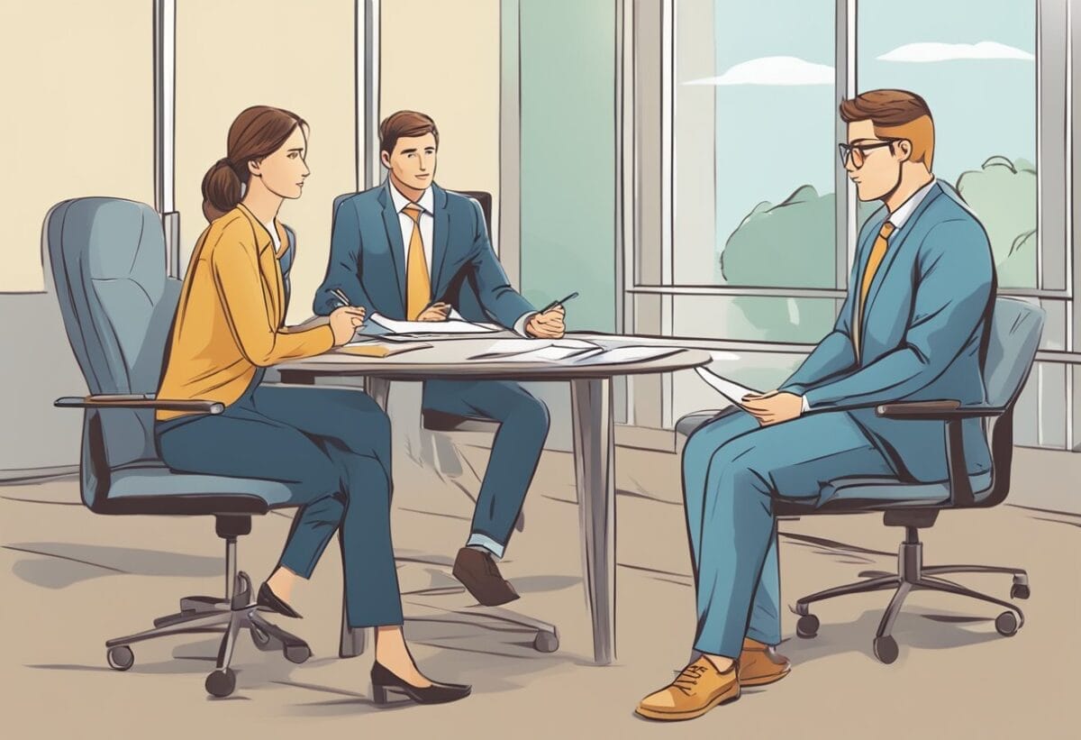 A person at a job interview, sitting across from an interviewer, answering the question "What are your biggest weaknesses?" with a confident and thoughtful expression