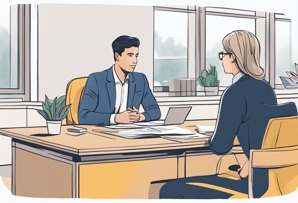 A person sitting in an office, confidently explaining their career goals to an interviewer. The interviewer listens attentively, nodding in understanding