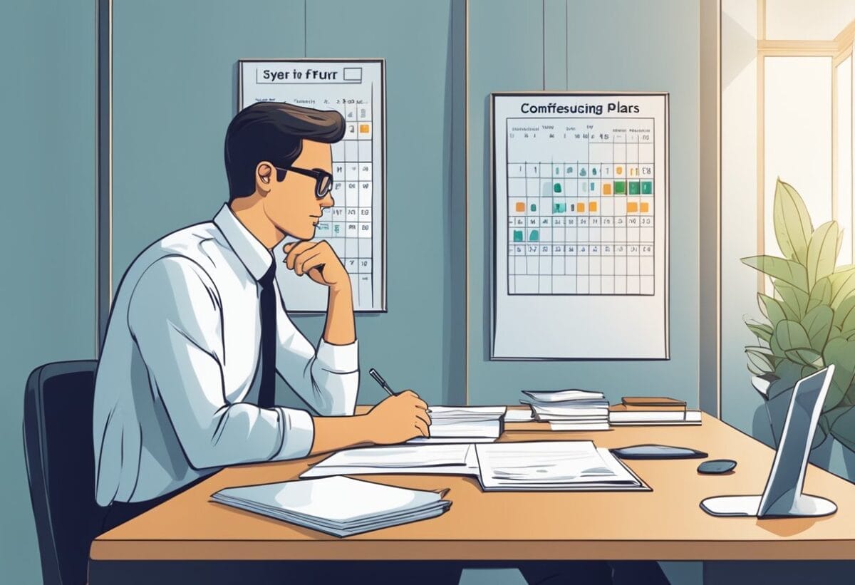 A person sitting in a bright, modern office, confidently discussing their future plans with a potential employer. A calendar on the wall shows the current date and the date five years in the future