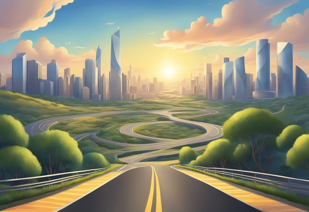 A winding road leading to a distant, sunlit city skyline