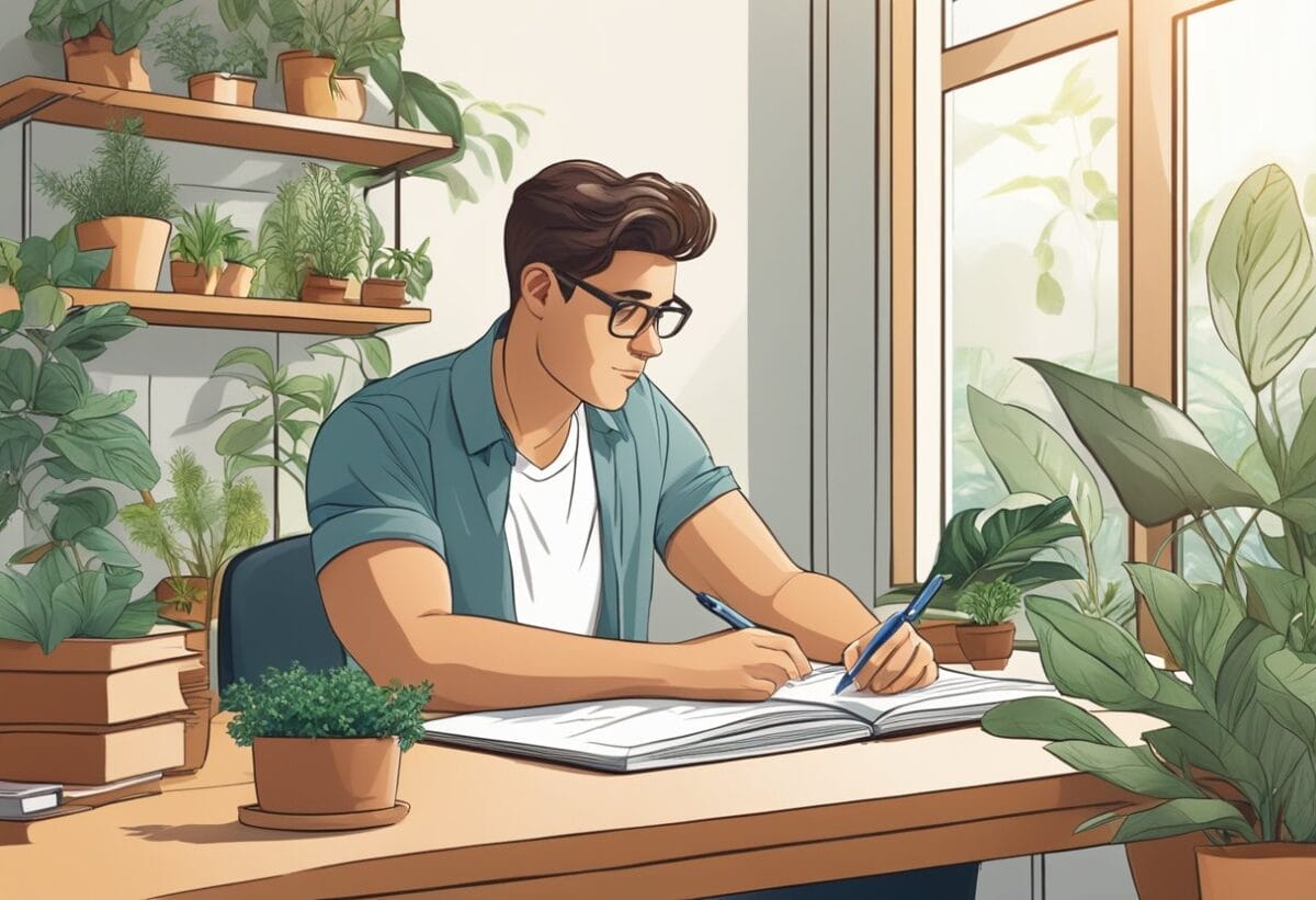 A person at a desk, surrounded by plants and natural light, with a notebook and pen, brainstorming and reflecting