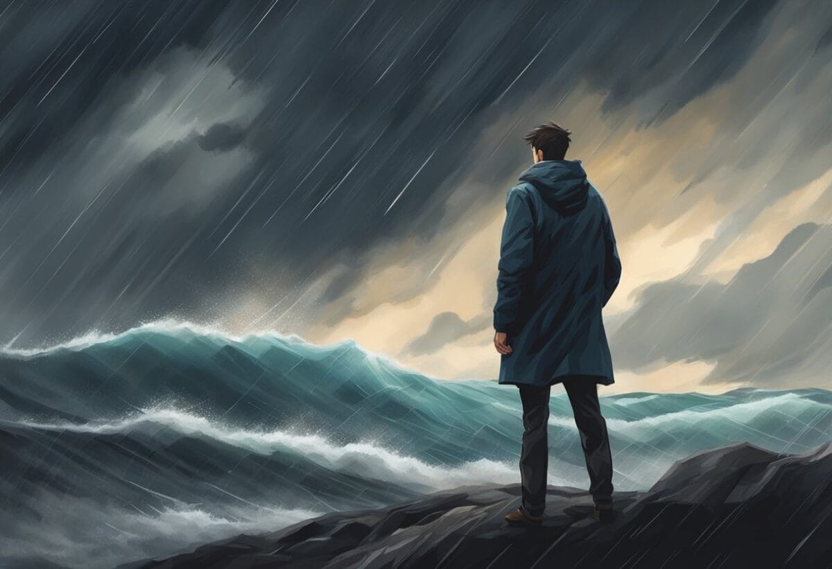 A person standing calmly in the midst of a storm, with dark clouds and strong winds, maintaining composure