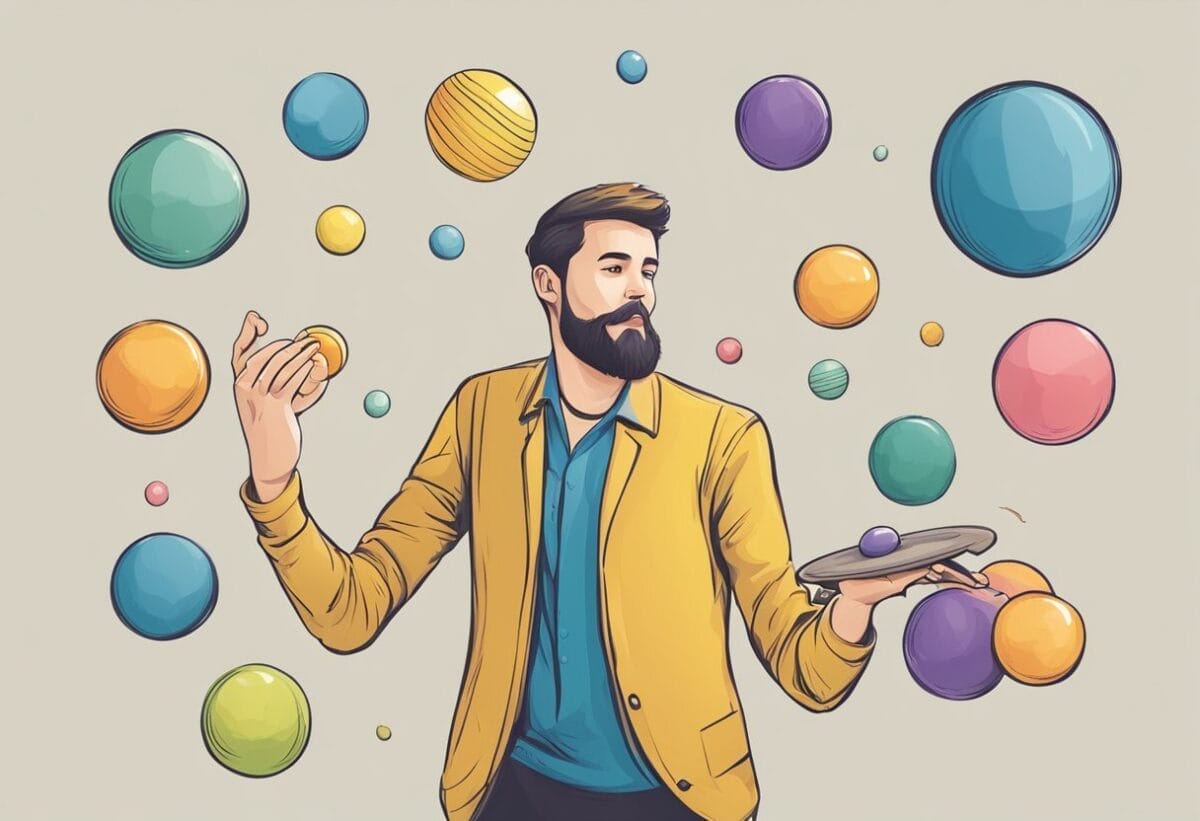 A person juggling various objects while maintaining a calm and focused expression