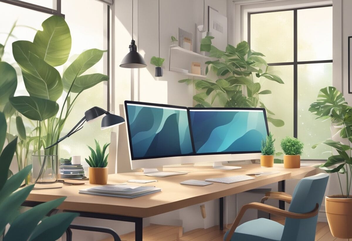 A cozy office with natural light, plants, and a tidy desk. A peaceful atmosphere with minimal noise and supportive colleagues