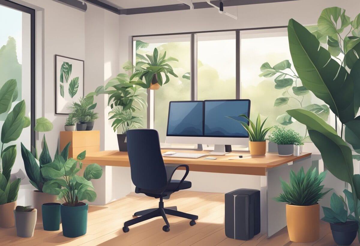 A cozy office with natural light, plants, and a tidy desk. Colleagues are collaborating in an open and inclusive atmosphere