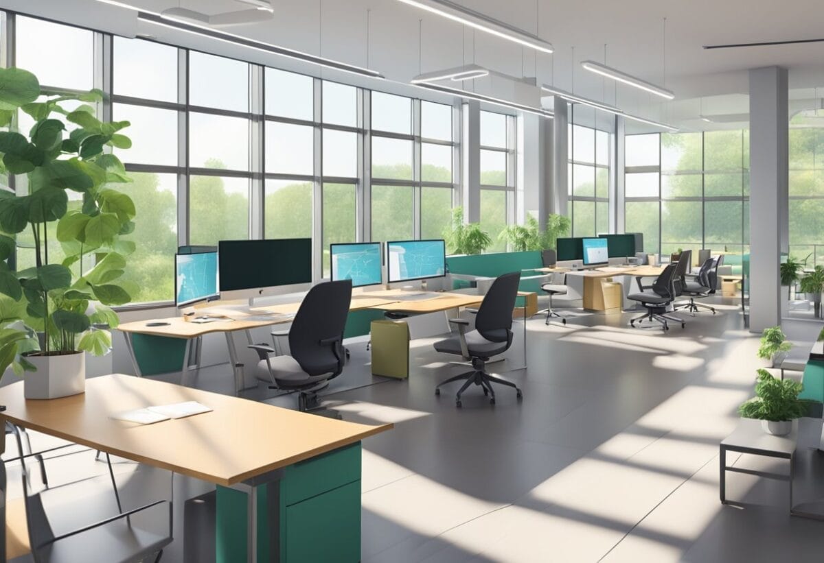 A bright, open office space with modern furniture and large windows overlooking a green park. A mix of collaborative areas and private workstations