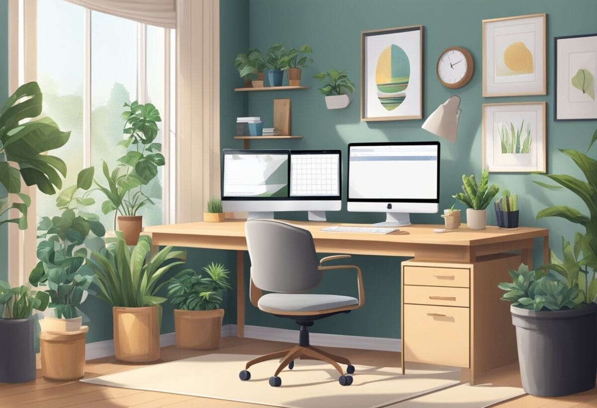 A cozy office with natural light, plants, and a quiet atmosphere. A desk with a computer, a comfortable chair, and organized work supplies