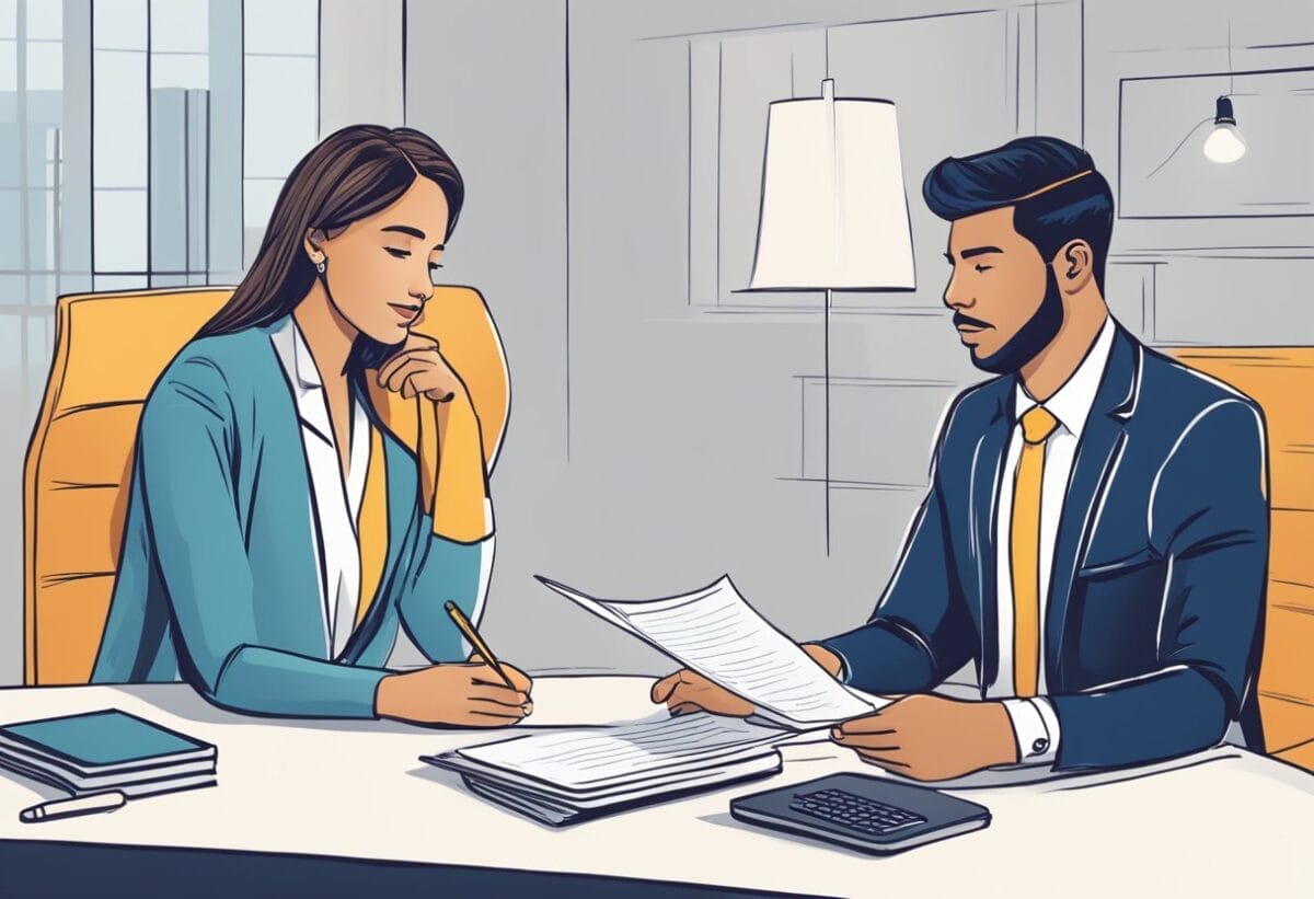 A person sitting across from an interviewer, confidently discussing salary expectations. The interviewer listens attentively, taking notes