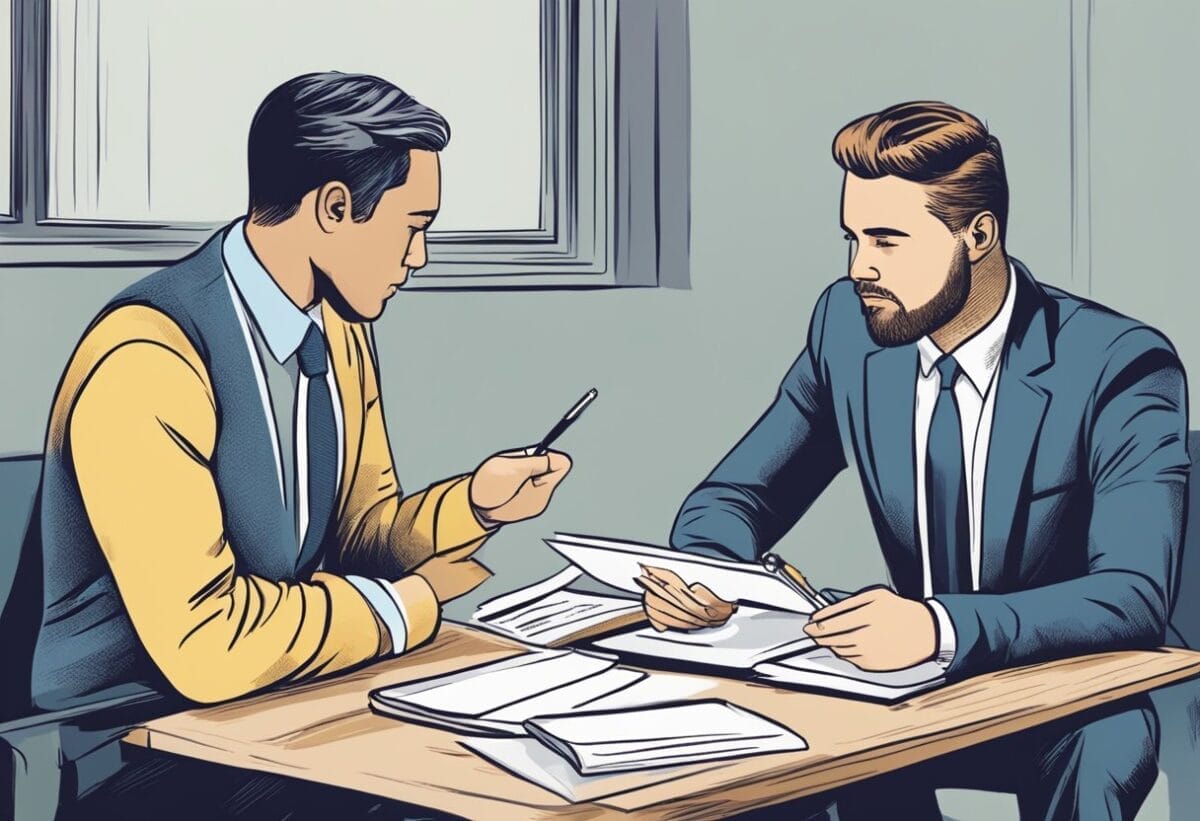 A person sitting across from an interviewer, confidently discussing their salary expectations. The interviewer nods attentively, taking notes