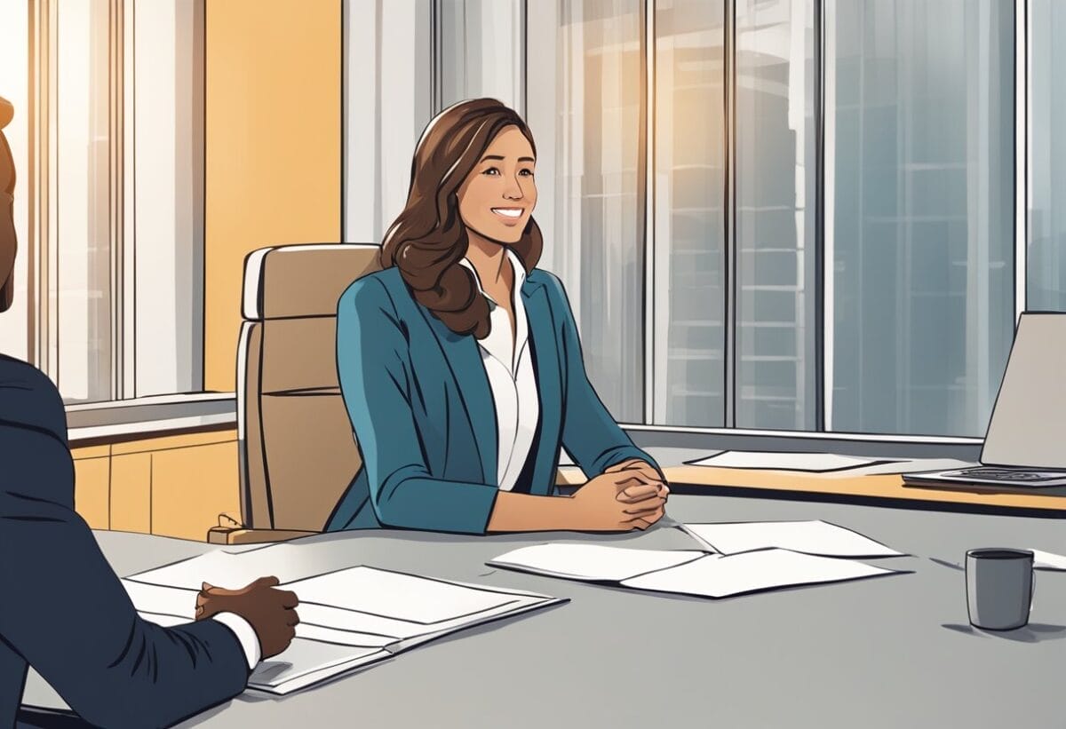 A person sitting confidently in a well-lit interview room, making eye contact with the interviewer as they explain their passion for the company