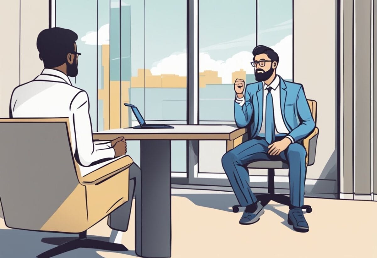 A person sitting in a job interview, speaking confidently while gesturing towards the company's logo on the wall. The interviewer is nodding attentively