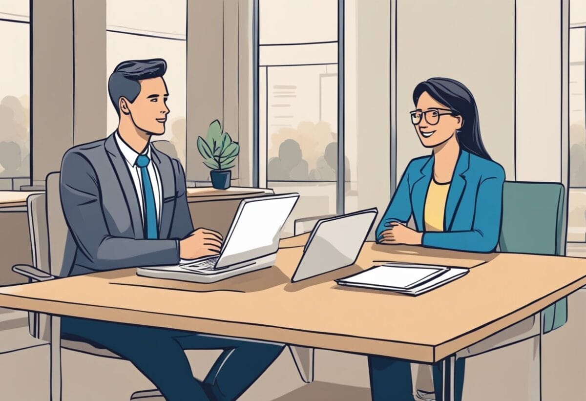 A person sitting across from an interviewer, confidently discussing their career goals with enthusiasm. The interviewer listens attentively, nodding in understanding