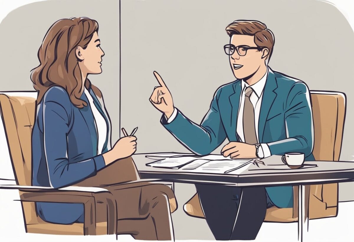 A person sitting in an interview, gesturing with enthusiasm while discussing their career goals. The interviewer listens attentively, taking notes