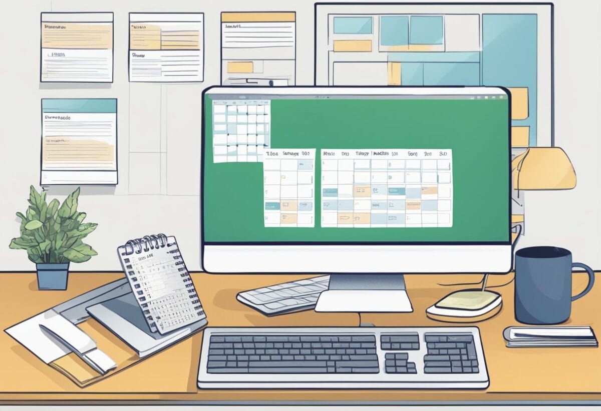 A desk with a computer, notebook, and calendar. Tasks are organized into different priority levels, with some marked as urgent