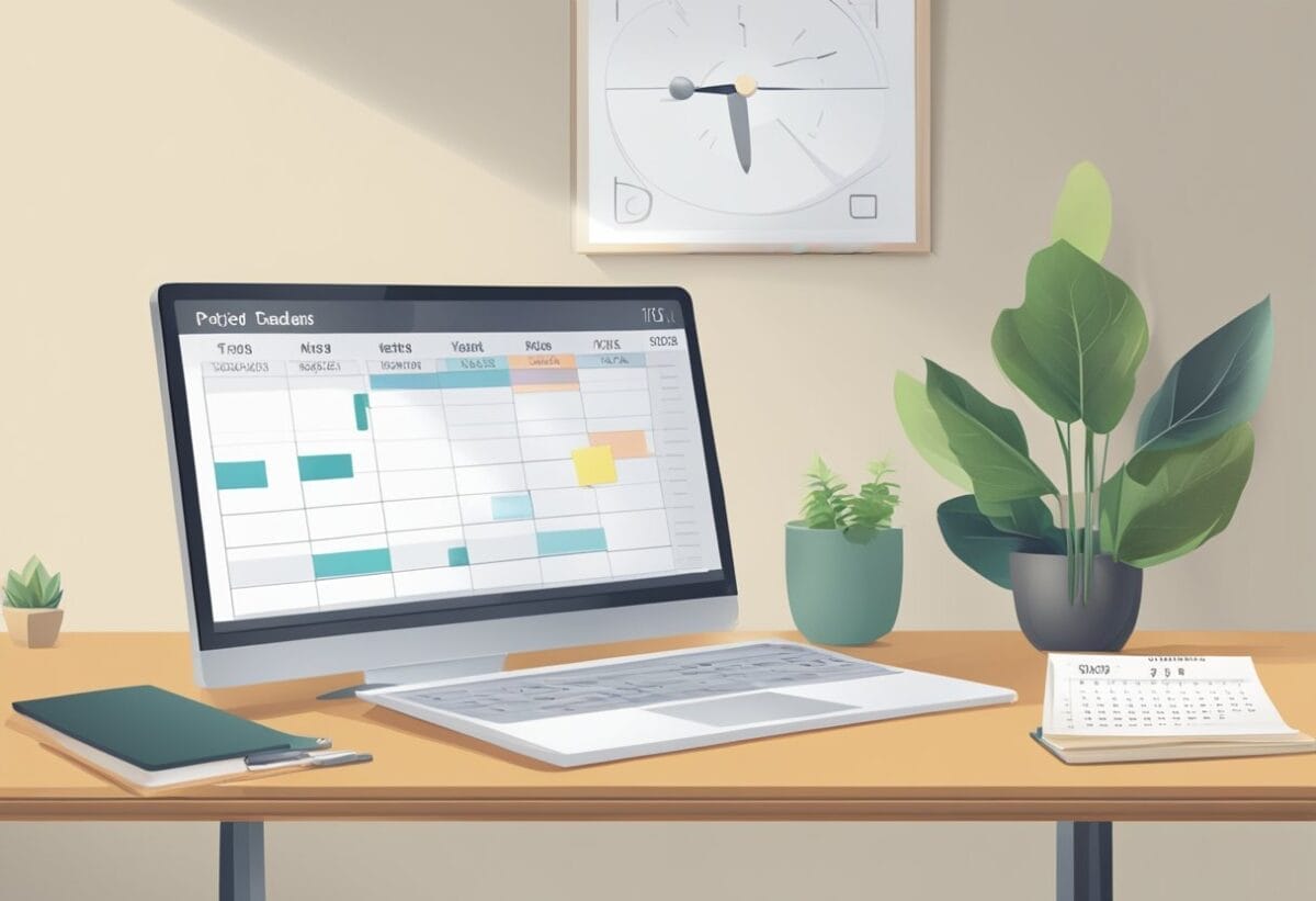 A desk with a computer, notebook, and calendar. The computer screen shows a project schedule. The notebook has a to-do list. The calendar has deadlines marked